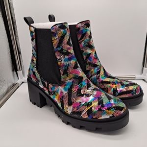 Betsey Johnson Rowann multi glitter Sequin lug boots rainbow 7M